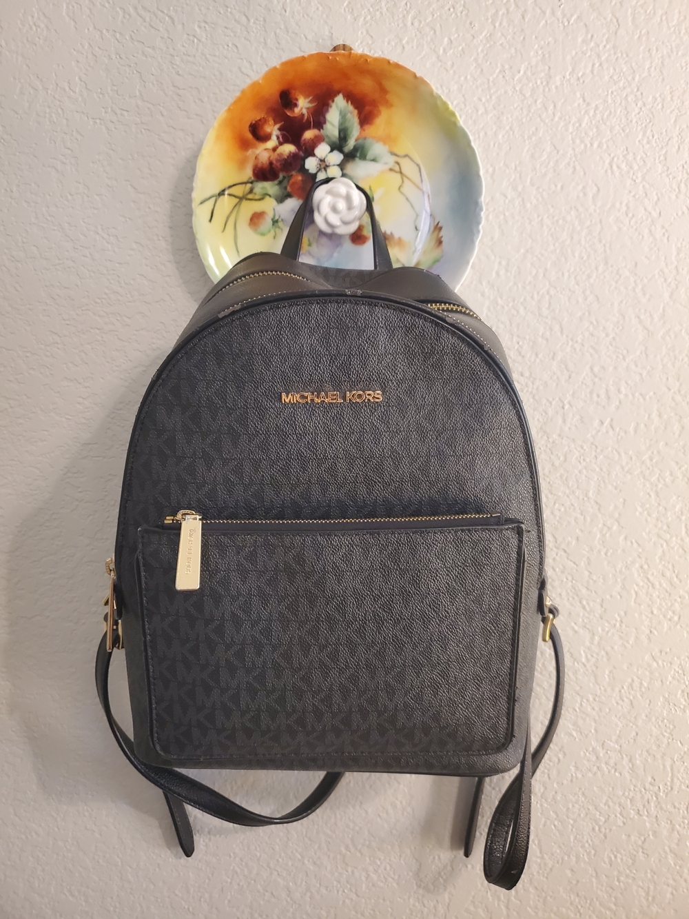 Michael Kors Charcoal MK Monogram Backpack with Gold Hardware